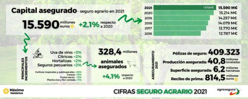 El capital asegurado por el seguro agrario marca un nuevo máximo histórico en 2021.