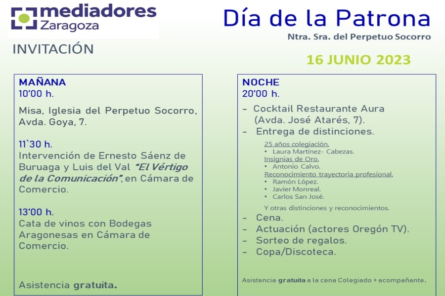 El Colegio de Zaragoza anuncia los actos conmemorativos del día de la Patrona