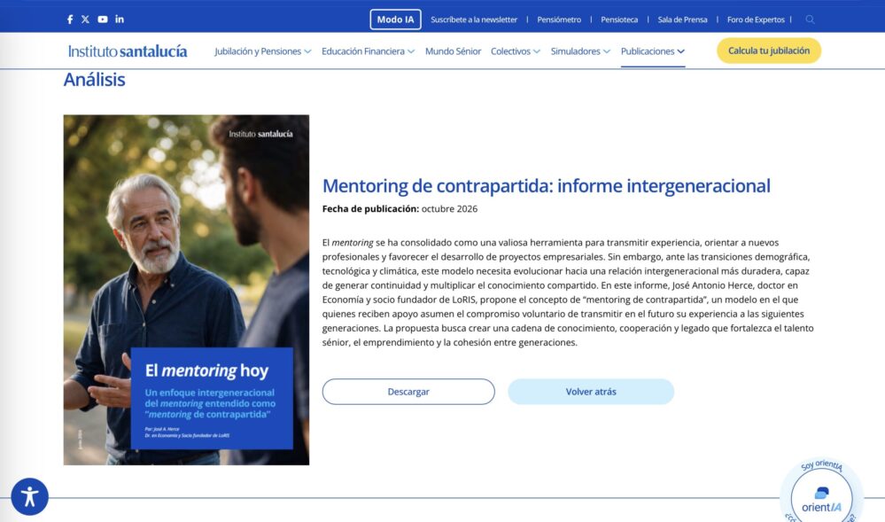 El INSTITUTO SANTALUCÍA propone el mentoring de contrapartida para transmitir conocimiento entre generaciones ante el envejecimiento y la transformación tecnológica.